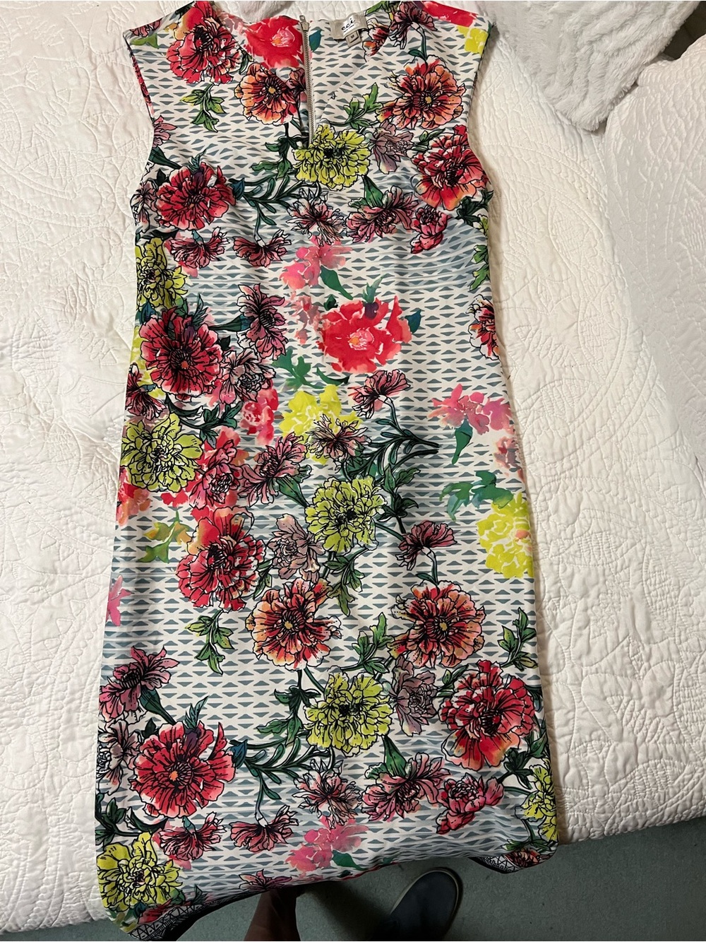 ECI Floral Midi Dress in White with Red, Pink and Yellow Blooms